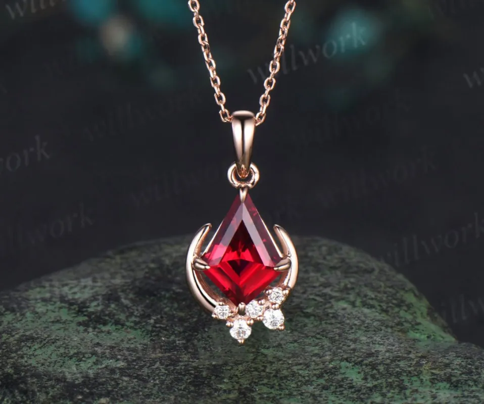 Vintage kite cut red ruby necklace rose gold cluster moon snowdrift diamond pendant women July birthstone anniversary gift sold by Willwork Jewelry