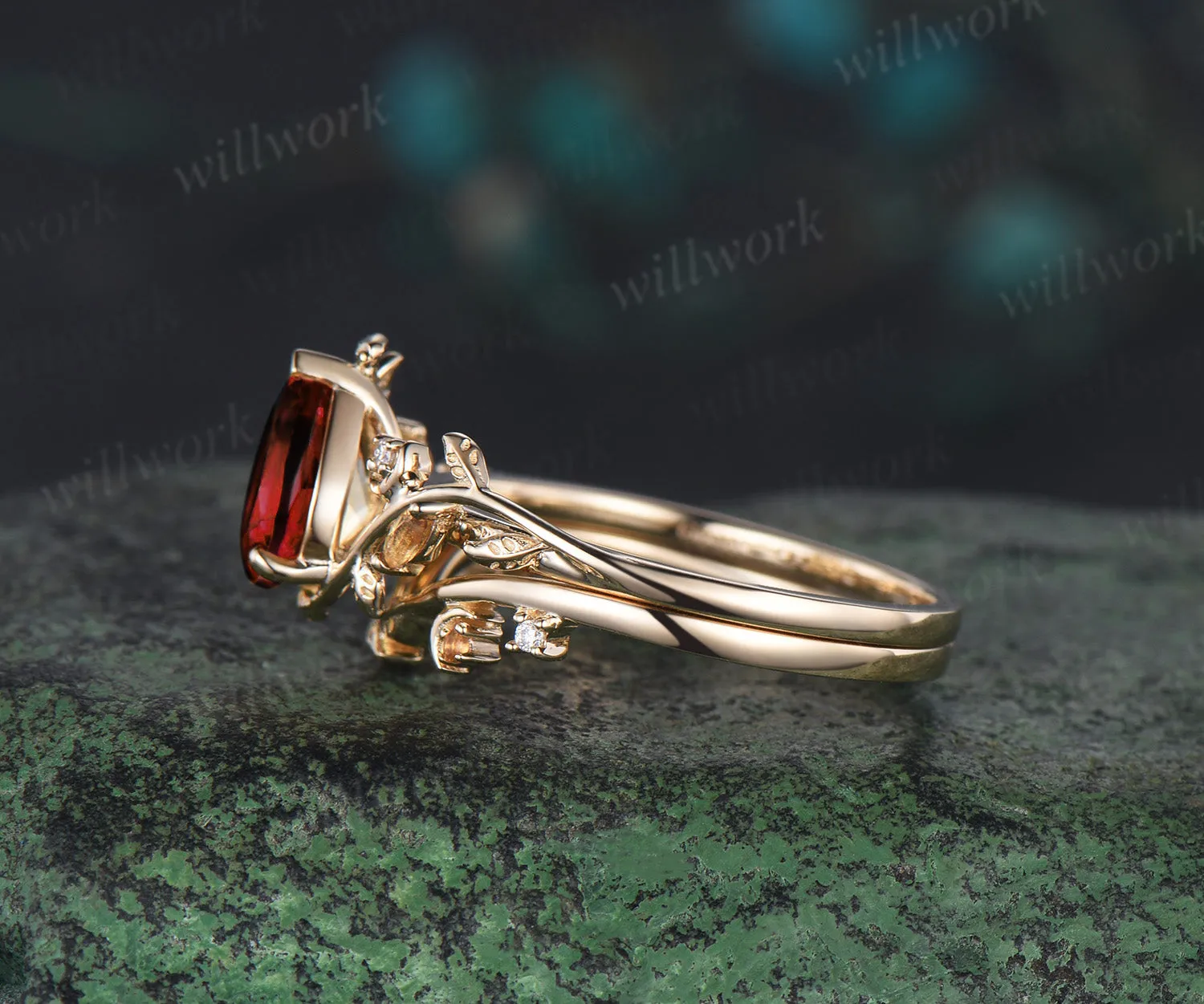Vintage pear shaped red garnet engagement ring yellow gold twisted leaf moon citrine gemstone wedding anniversary ring set gift sold by Willwork Jewelry product image thumbnail 5