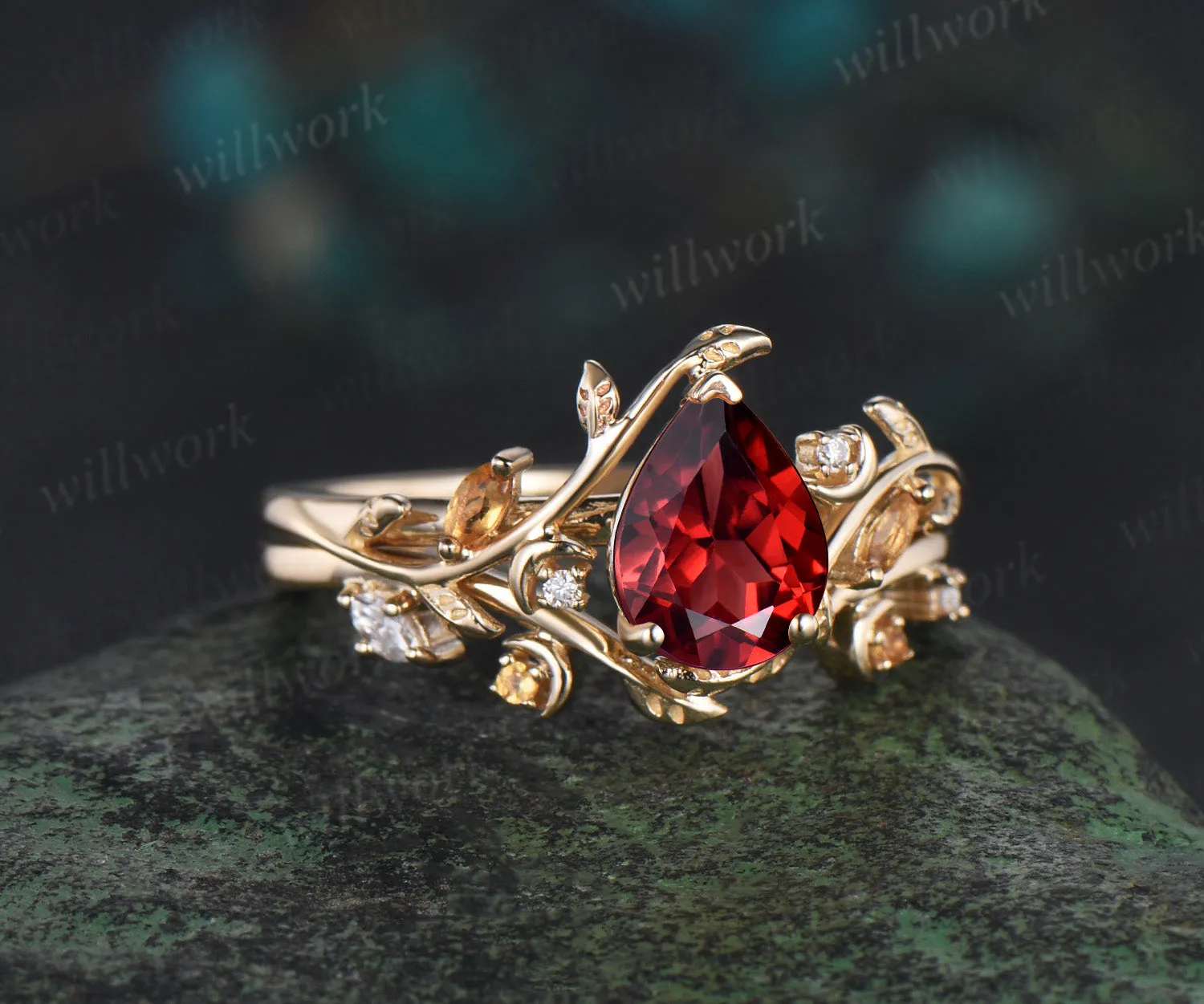 Vintage pear shaped red garnet engagement ring yellow gold twisted leaf moon citrine gemstone wedding anniversary ring set gift sold by Willwork Jewelry product image thumbnail 2