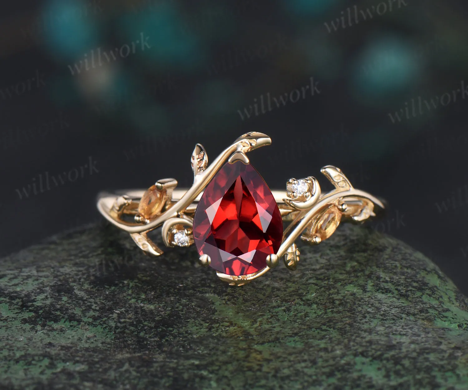 Vintage pear shaped red garnet engagement ring yellow gold twisted leaf moon citrine gemstone wedding anniversary ring set gift sold by Willwork Jewelry product image thumbnail 4