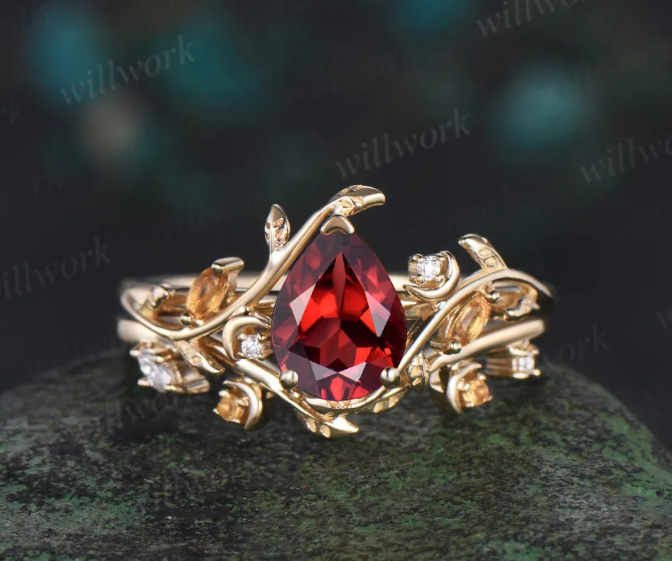 Vintage pear shaped red garnet engagement ring yellow gold twisted leaf moon citrine gemstone wedding anniversary ring set gift sold by Willwork Jewelry