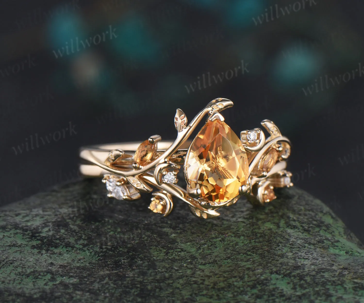 Vintage pear shaped citrine engagement ring yellow gold twisted leaf moon Crystal gemstone wedding anniversary ring set gift sold by Willwork Jewelry product image thumbnail 2