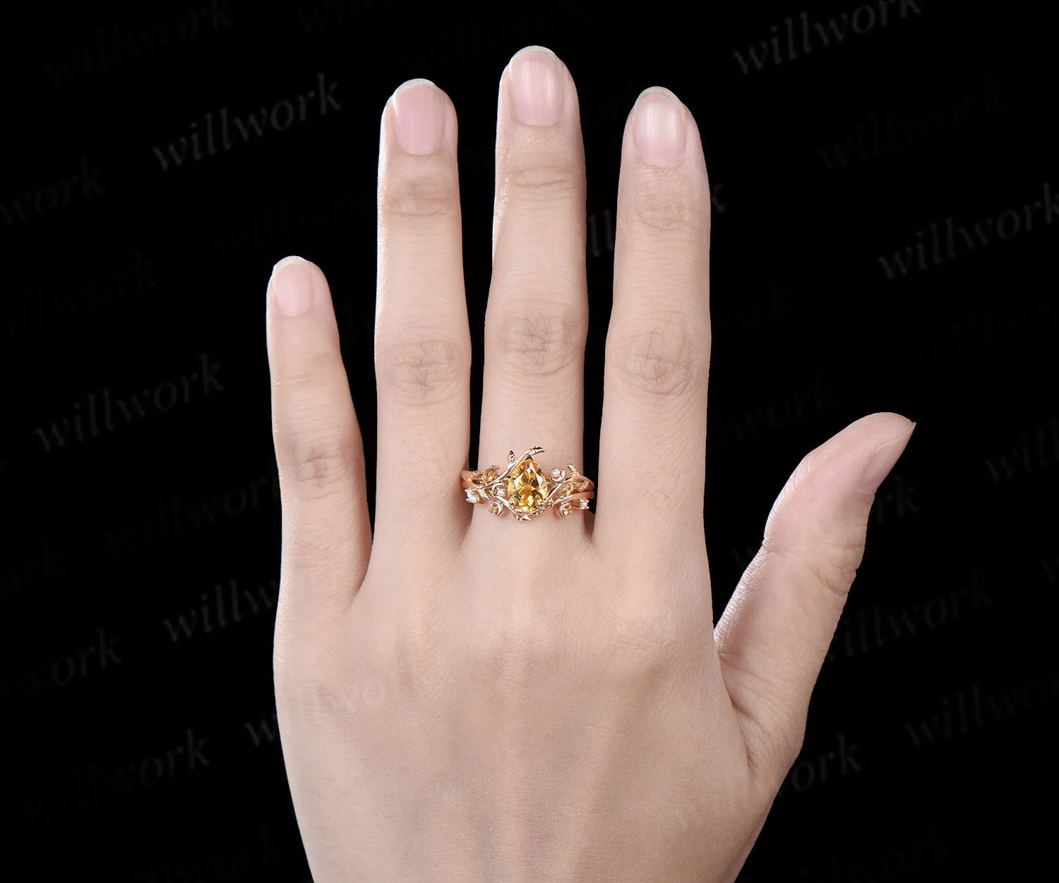 Vintage pear shaped citrine engagement ring yellow gold twisted leaf moon Crystal gemstone wedding anniversary ring set gift sold by Willwork Jewelry product image thumbnail 4