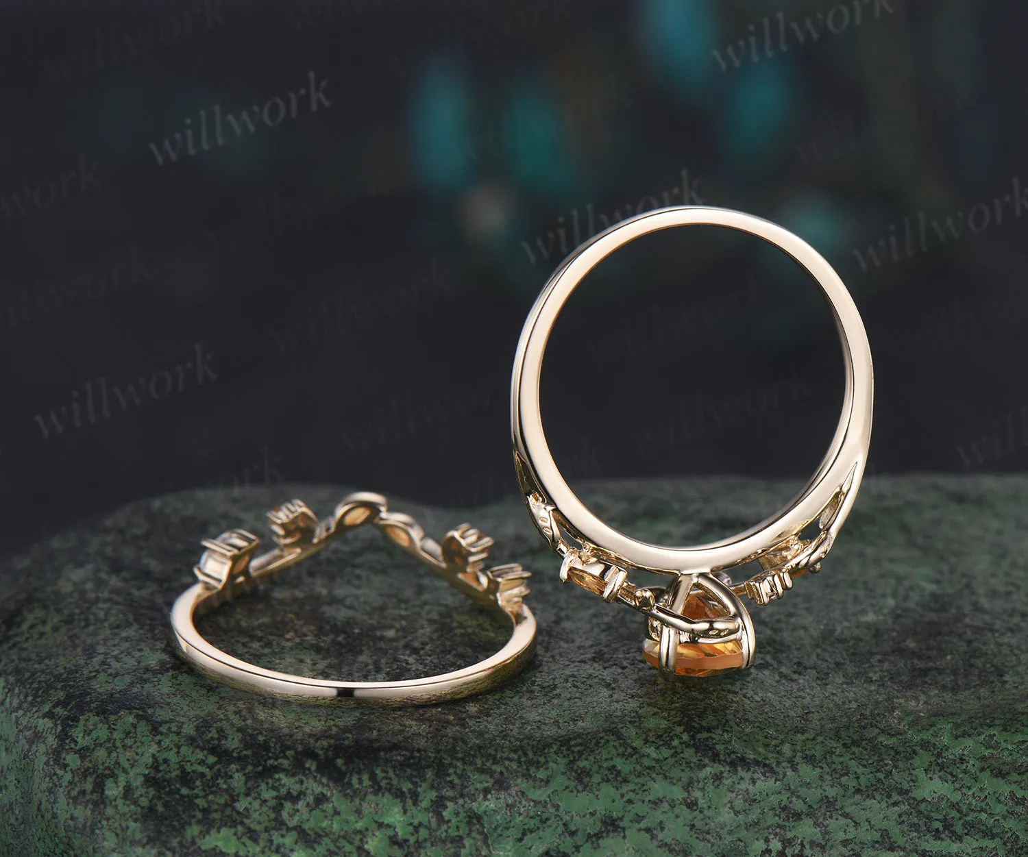 Vintage pear shaped citrine engagement ring yellow gold twisted leaf moon Crystal gemstone wedding anniversary ring set gift sold by Willwork Jewelry product image thumbnail 5