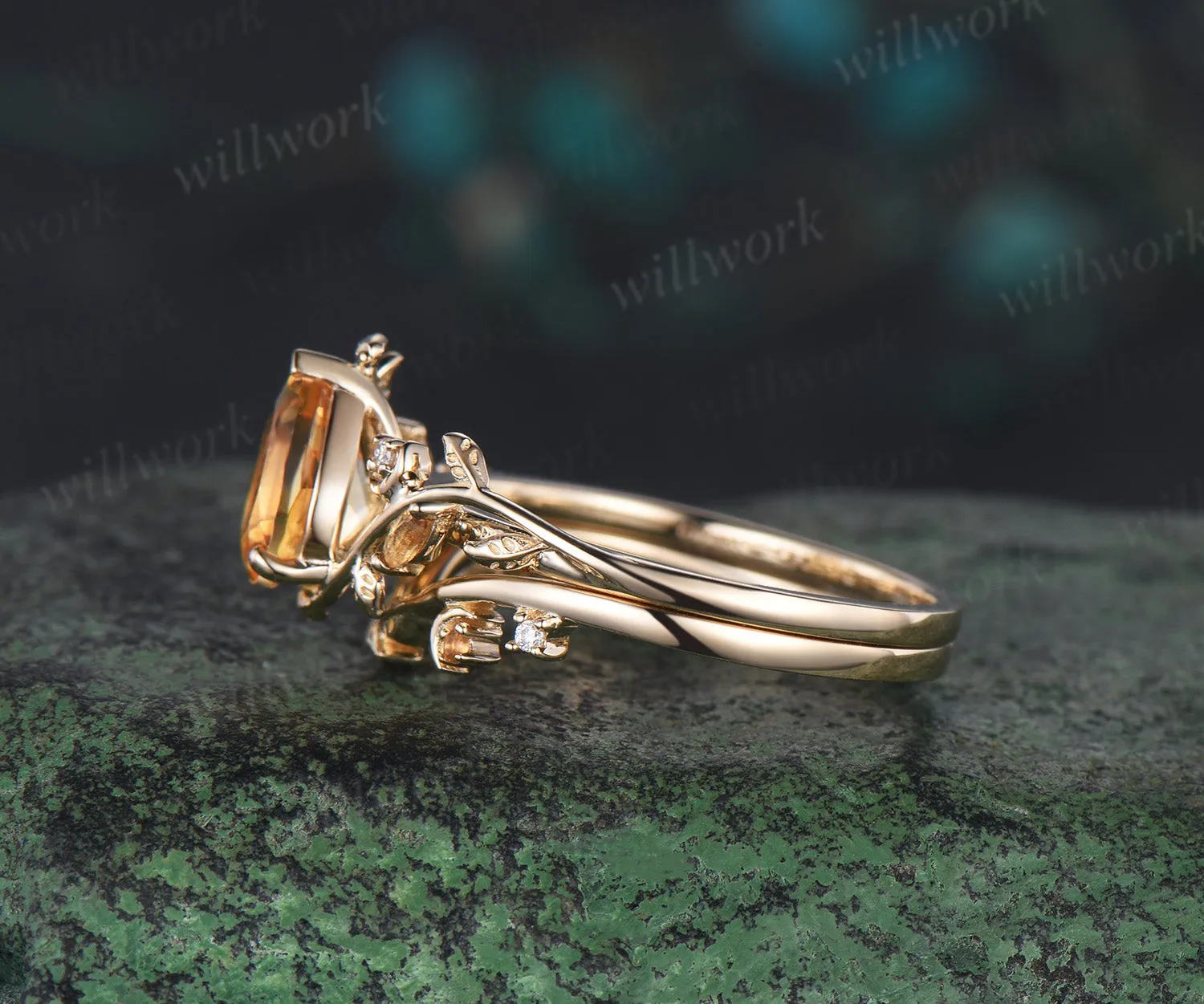 Vintage pear shaped citrine engagement ring yellow gold twisted leaf moon Crystal gemstone wedding anniversary ring set gift sold by Willwork Jewelry product image thumbnail 3