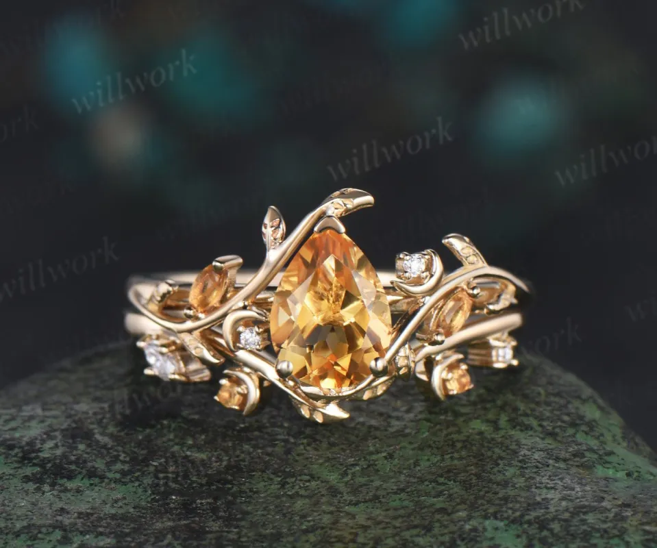 Vintage pear shaped citrine engagement ring yellow gold twisted leaf moon Crystal gemstone wedding anniversary ring set gift sold by Willwork Jewelry