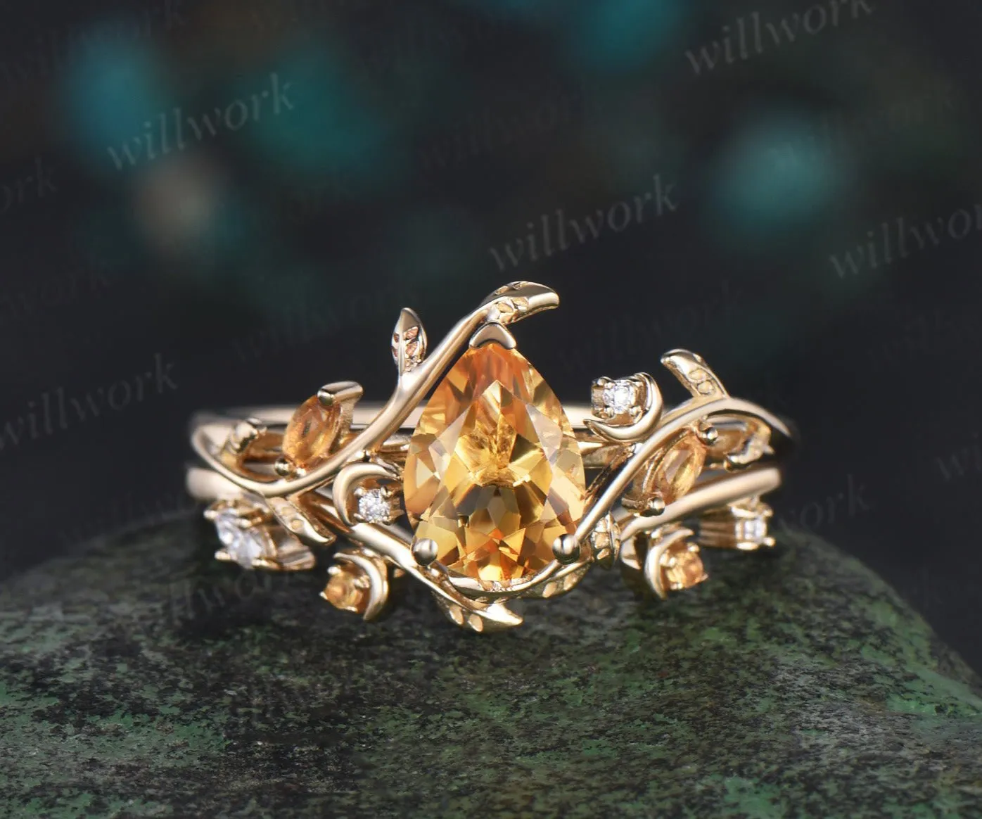 Vintage pear shaped citrine engagement ring yellow gold twisted leaf moon Crystal gemstone wedding anniversary ring set gift sold by Willwork Jewelry
