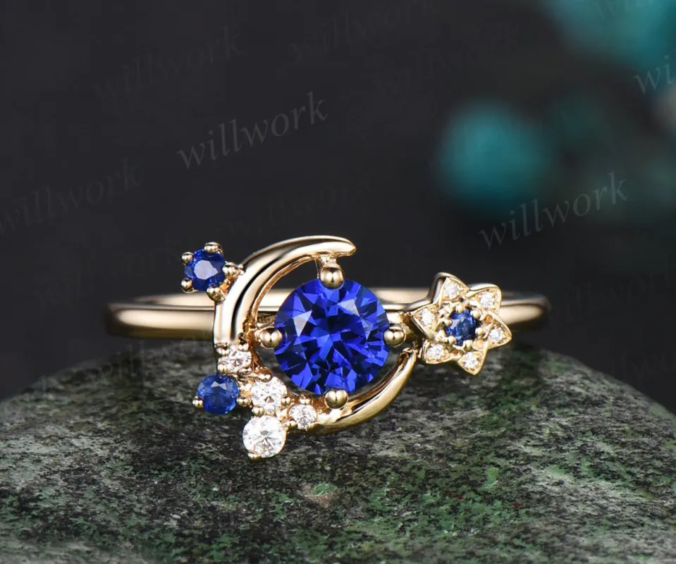 Round cut blue sapphire ring yellow gold vintage star moon cluster engagement ring women gemstone gift sold by Willwork Jewelry