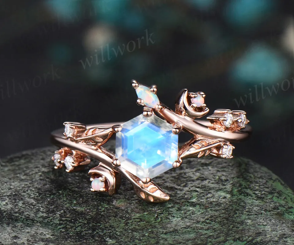 Hexagon cut moonstone engagement ring rose gold twisted leaf moon diamond ring vintage June birthstone anniversary ring women sold by Willwork Jewelry