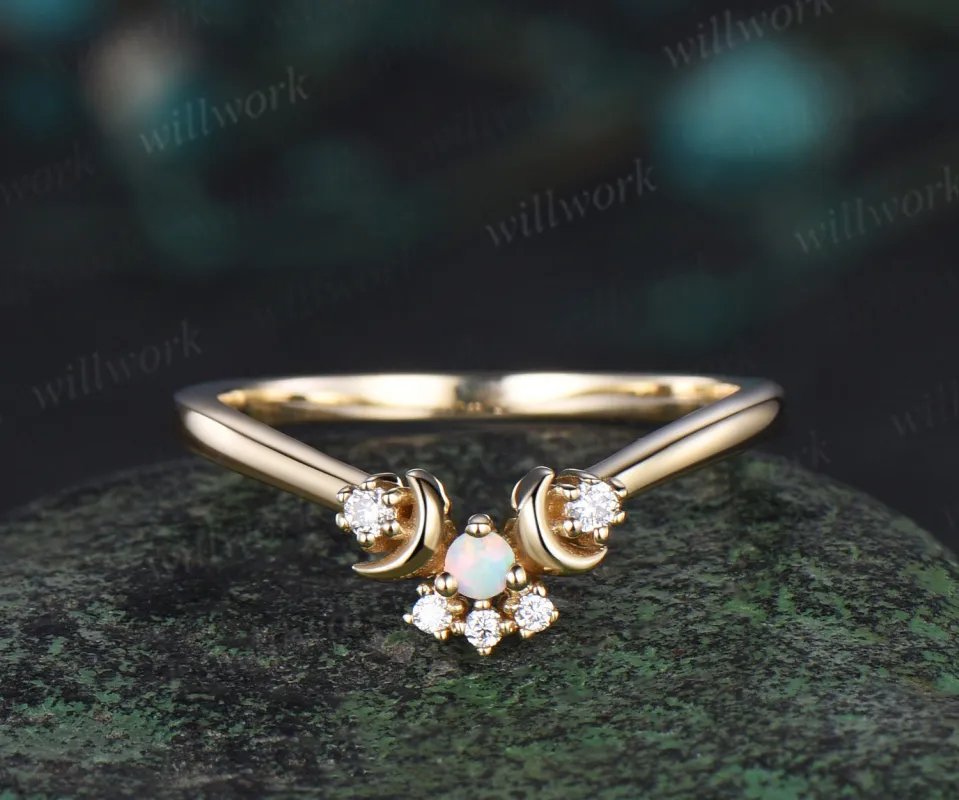 Crescent Moon Opal Diamond Contour Wedding Band yellow gold Opal Celestial Nesting Band Vintage Stacking Ring Matching Bridal Band Gift Women sold by Willwork Jewelry