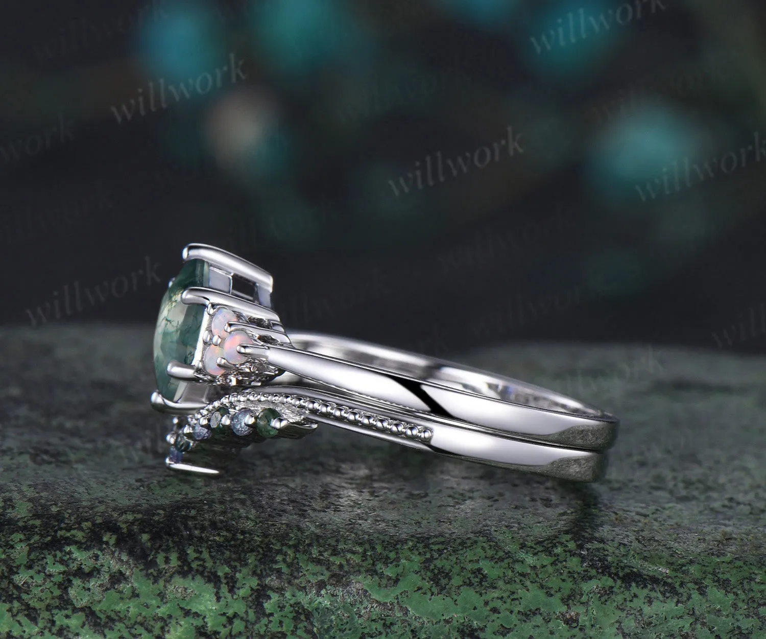 Hexagon cut moss agate engagement ring set white gold opal alexandrite stacking wedding bridal ring set women jewelry gemstone gift sold by Willwork Jewelry product image thumbnail 5