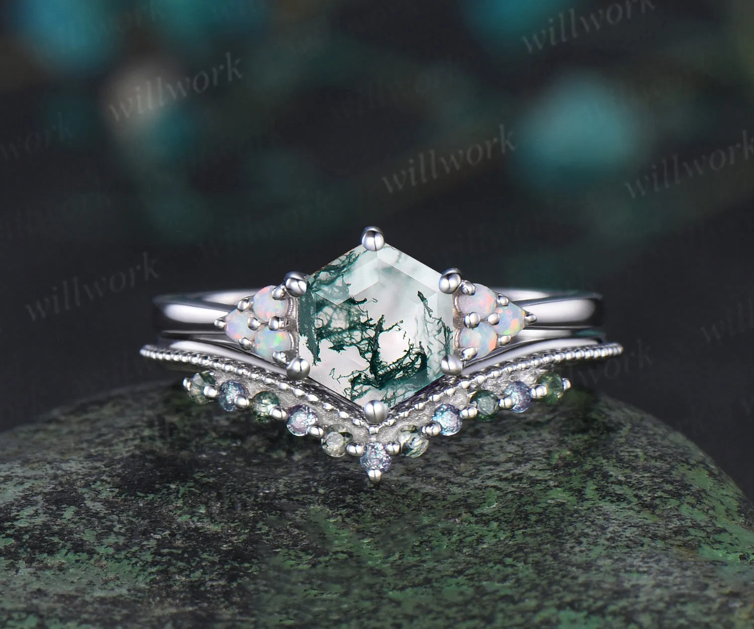 Hexagon cut moss agate engagement ring set white gold opal alexandrite stacking wedding bridal ring set women jewelry gemstone gift sold by Willwork Jewelry