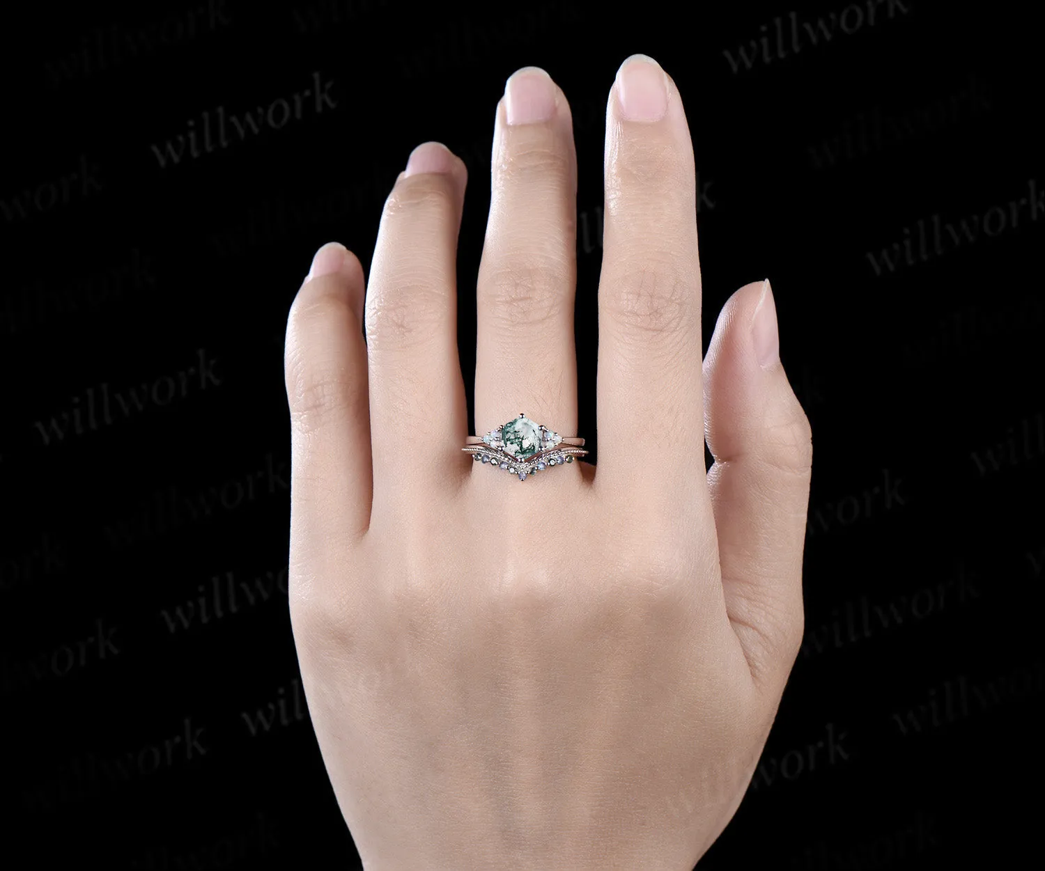 Hexagon cut moss agate engagement ring set white gold opal alexandrite stacking wedding bridal ring set women jewelry gemstone gift sold by Willwork Jewelry product image thumbnail 3