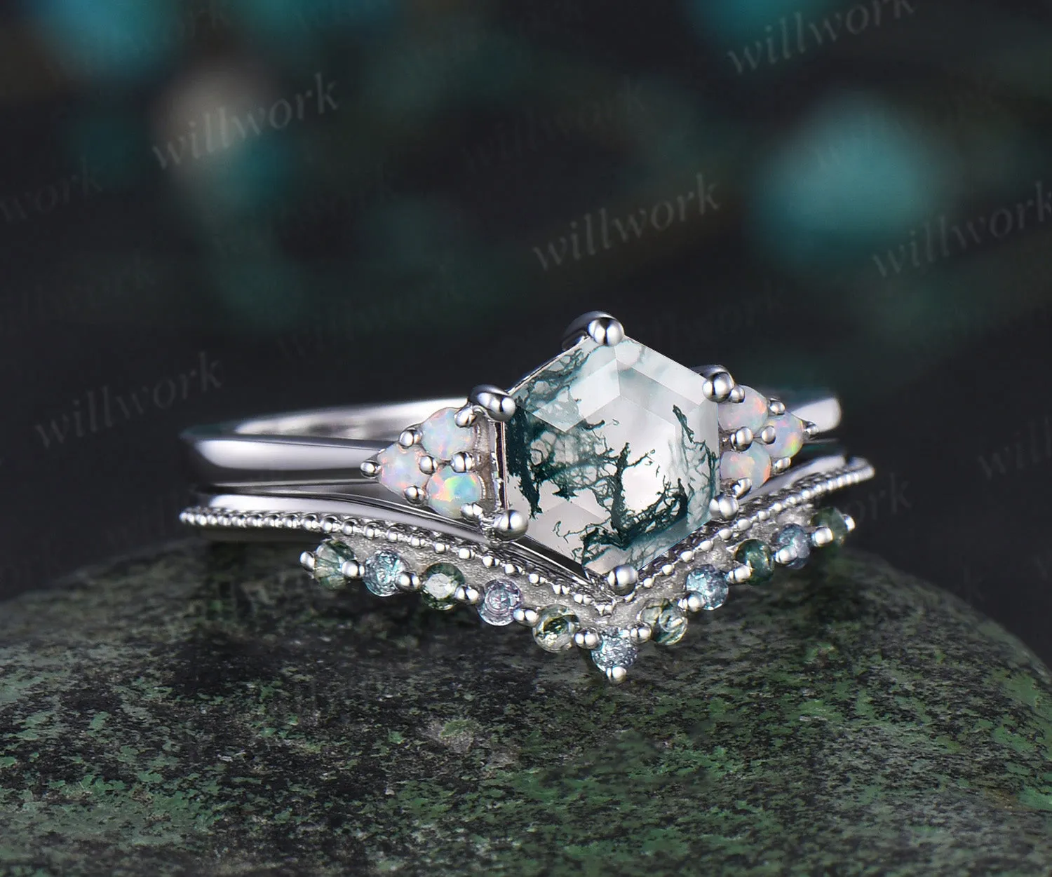 Hexagon cut moss agate engagement ring set white gold opal alexandrite stacking wedding bridal ring set women jewelry gemstone gift sold by Willwork Jewelry product image thumbnail 2