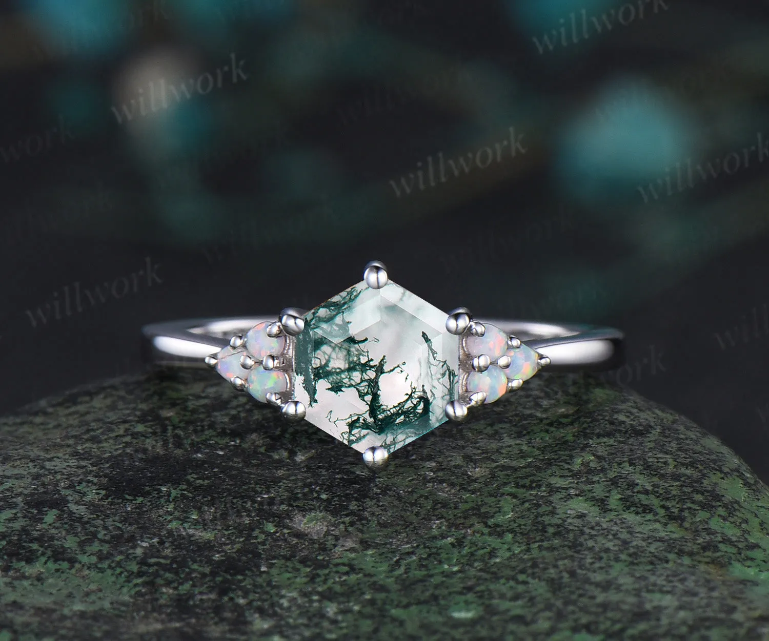 Hexagon cut moss agate engagement ring set white gold opal alexandrite stacking wedding bridal ring set women jewelry gemstone gift sold by Willwork Jewelry product image thumbnail 4