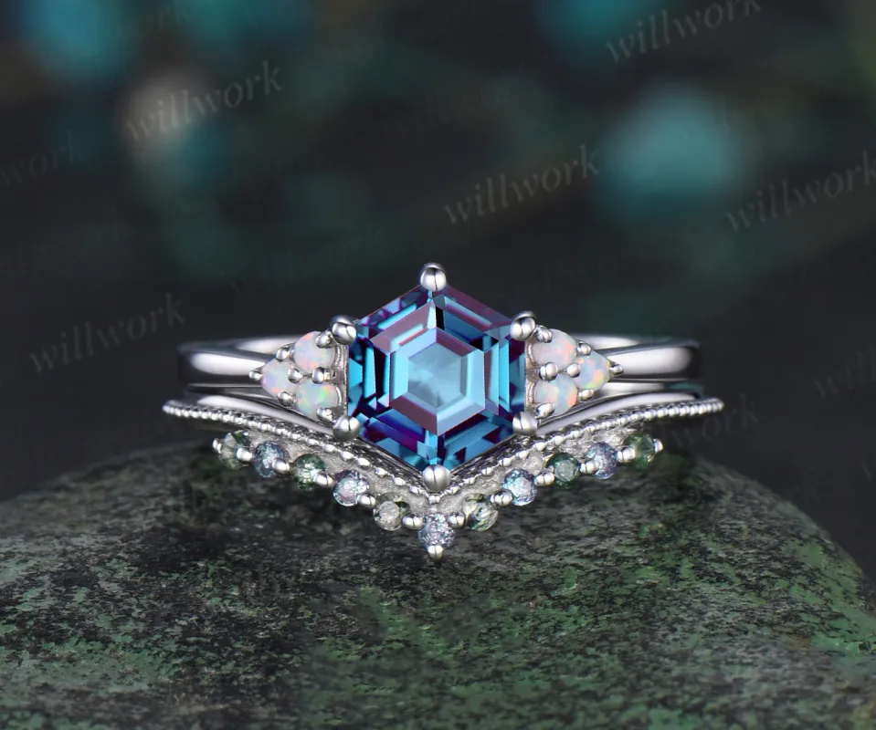 Hexagon cut alexandrite engagement ring set white gold opal moss agate stacking wedding bridal ring set women jewelry gemstone gift sold by Willwork Jewelry