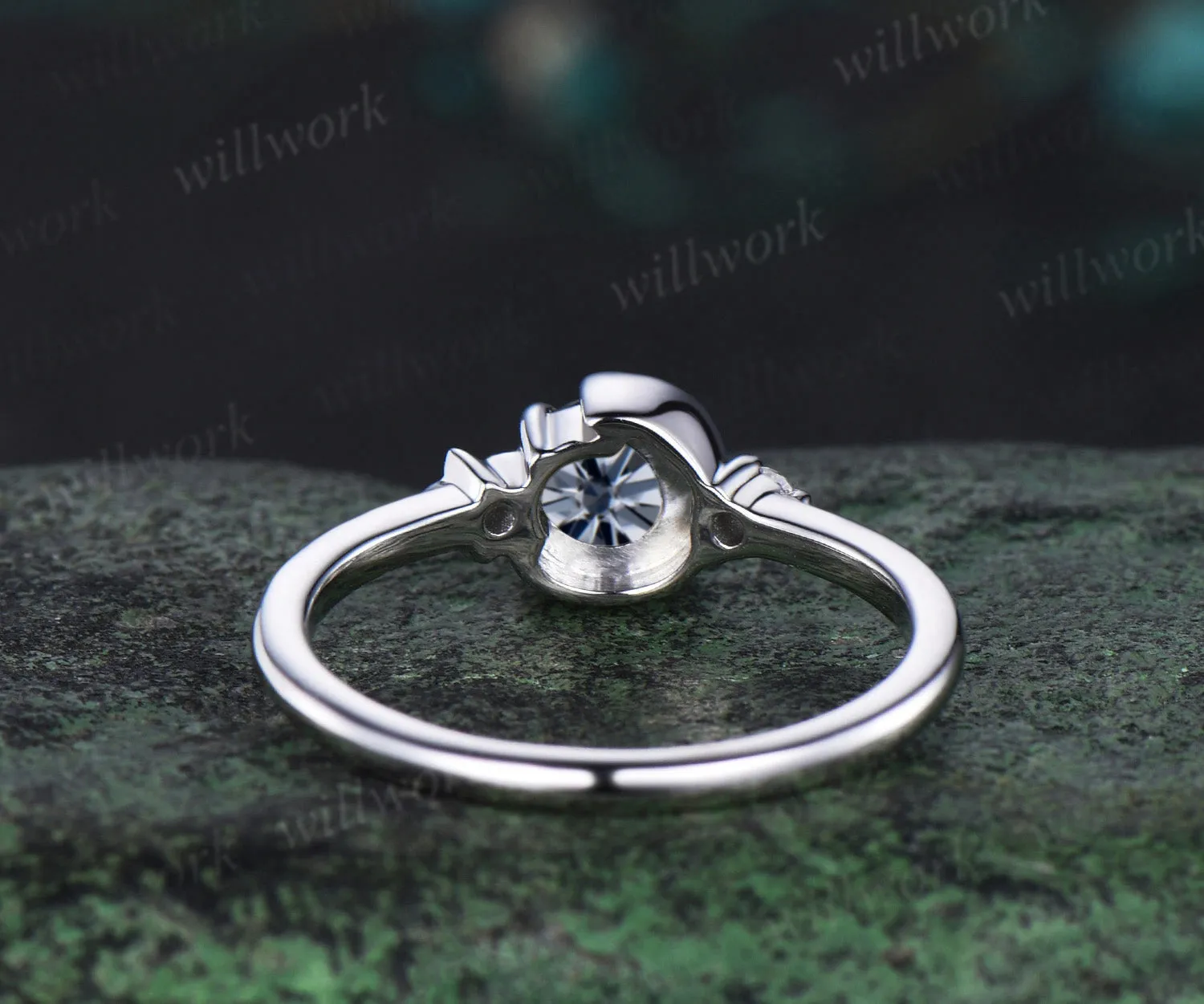 Round cut gray moissanite ring white gold three stone diamond ring women vintage unique star moon engagement ring dainty anniversary gift sold by Willwork Jewelry product image thumbnail 5