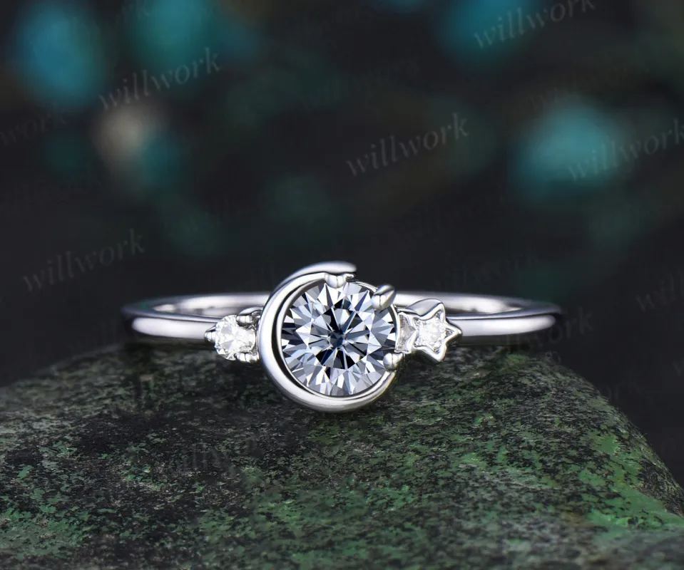 Round cut gray moissanite ring white gold three stone diamond ring women vintage unique star moon engagement ring dainty anniversary gift made by Willwork Jewelry