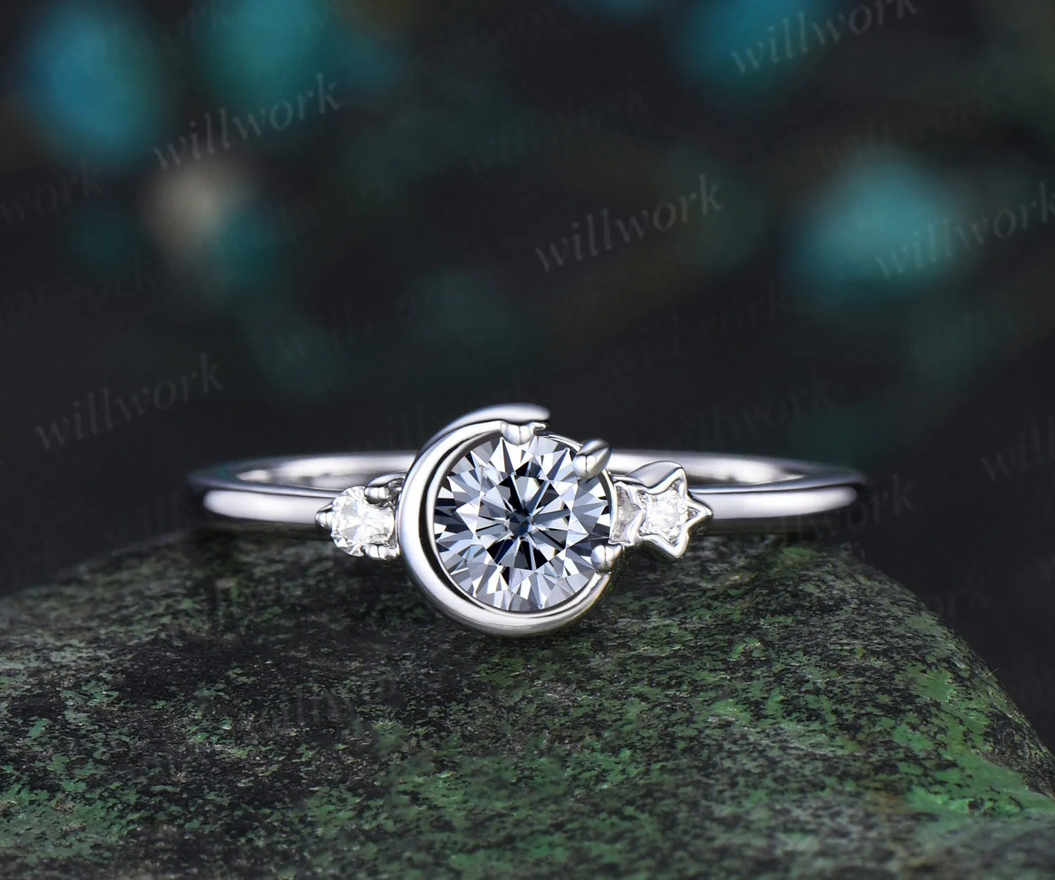 Round cut gray moissanite ring white gold three stone diamond ring women vintage unique star moon engagement ring dainty anniversary gift sold by Willwork Jewelry