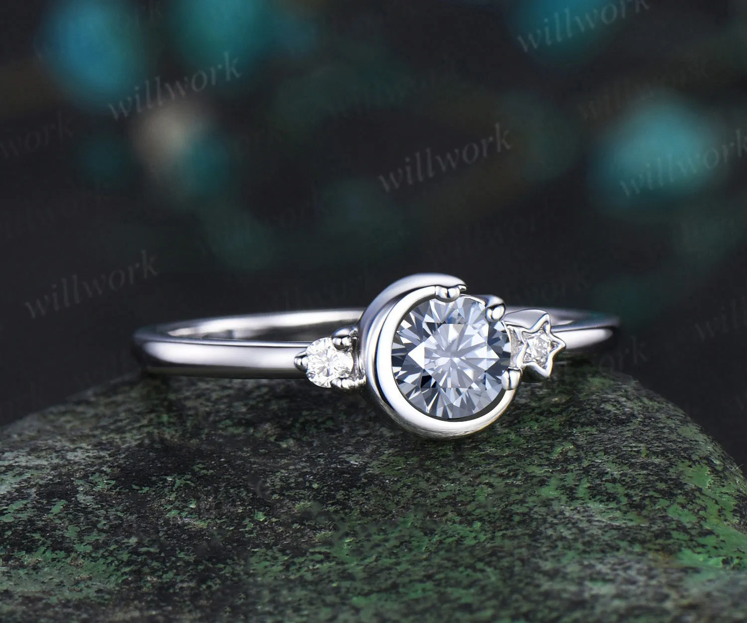 Round cut gray moissanite ring white gold three stone diamond ring women vintage unique star moon engagement ring dainty anniversary gift sold by Willwork Jewelry product image thumbnail 2