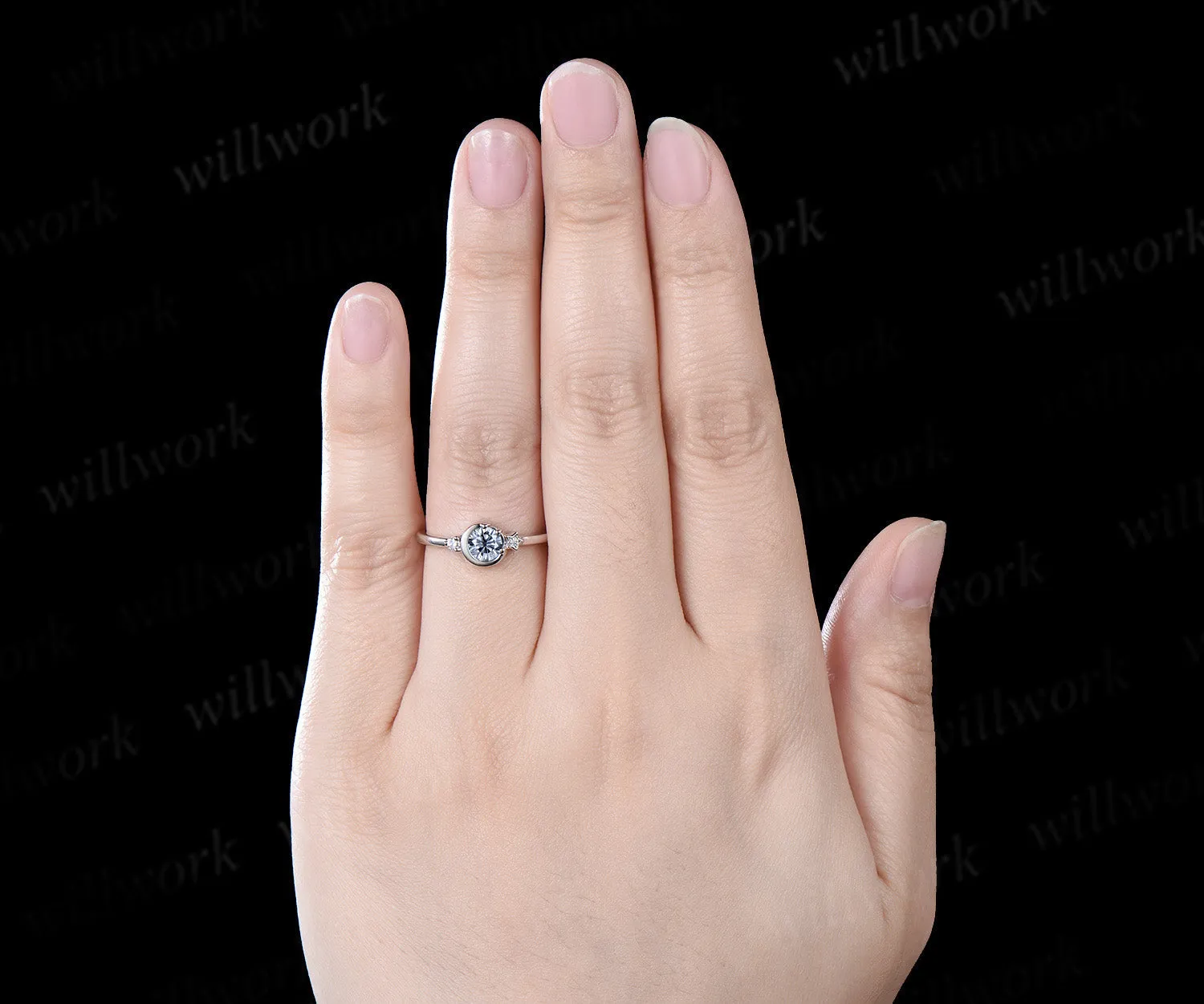 Round cut gray moissanite ring white gold three stone diamond ring women vintage unique star moon engagement ring dainty anniversary gift sold by Willwork Jewelry product image thumbnail 3