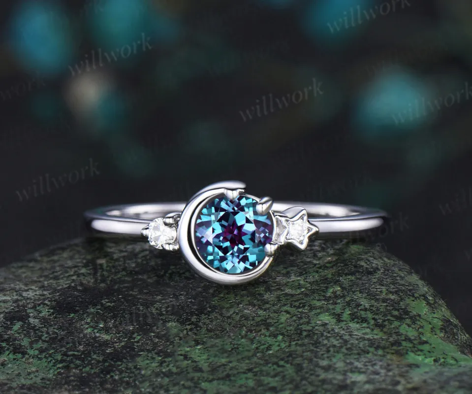 Round cut alexandrite ring white gold three stone diamond ring women vintage unique star moon engagement ring dainty anniversary gift sold by Willwork Jewelry