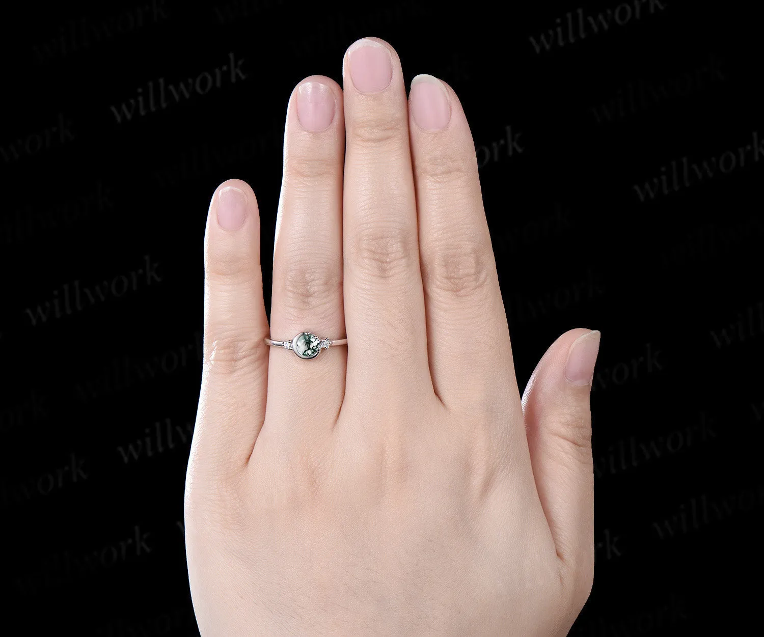 Round cut moss agate ring white gold three stone diamond ring women vintage unique star moon engagement ring dainty anniversary gift sold by Willwork Jewelry product image thumbnail 3