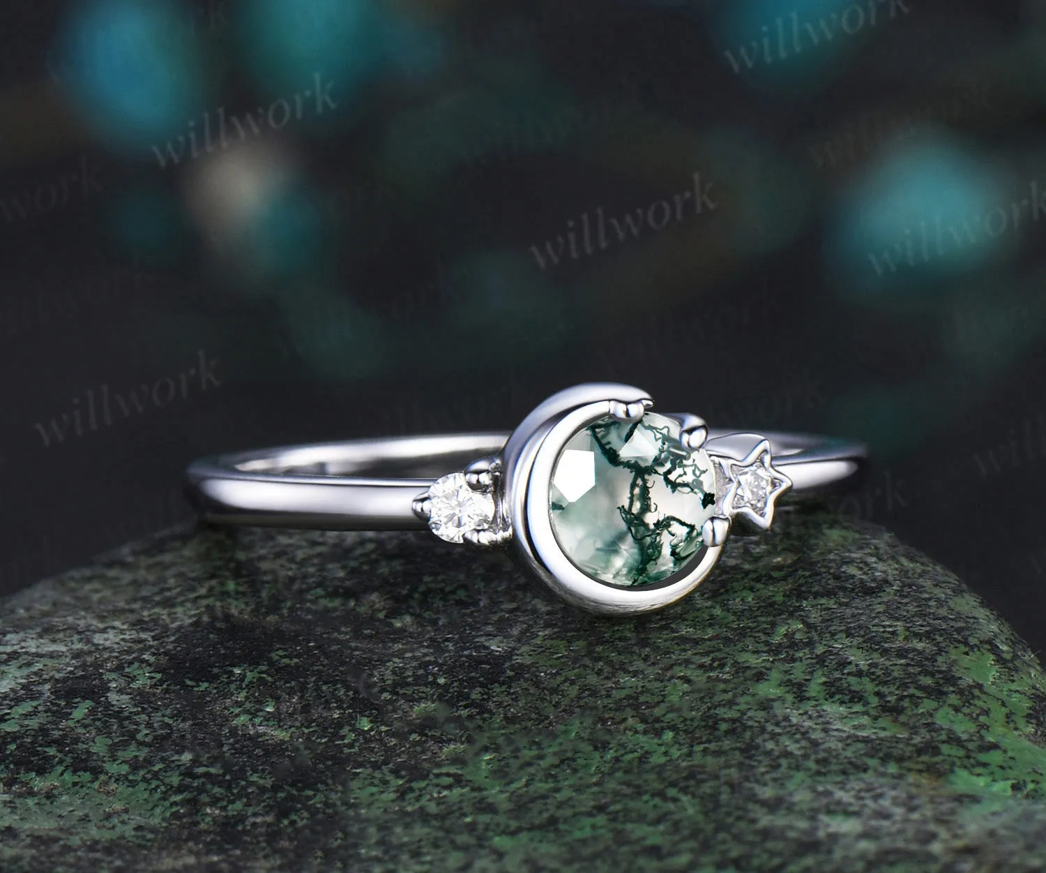 Round cut moss agate ring white gold three stone diamond ring women vintage unique star moon engagement ring dainty anniversary gift sold by Willwork Jewelry product image thumbnail 2