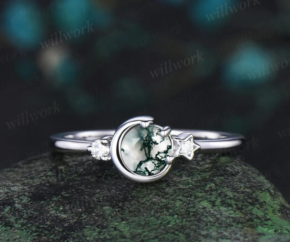 Round cut moss agate ring white gold three stone diamond ring women vintage unique star moon engagement ring dainty anniversary gift sold by Willwork Jewelry