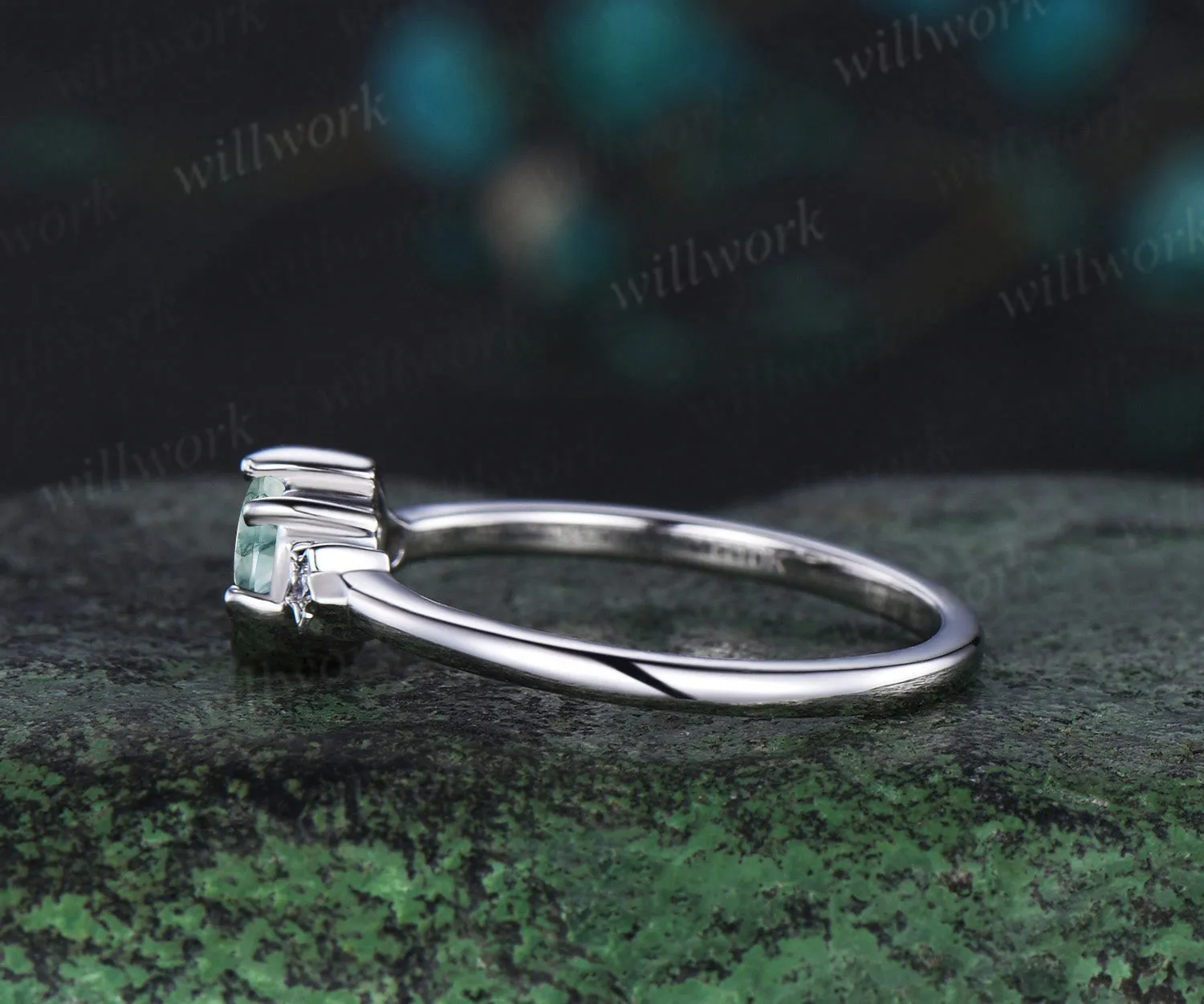 Round cut moss agate ring white gold three stone diamond ring women vintage unique star moon engagement ring dainty anniversary gift sold by Willwork Jewelry product image thumbnail 4