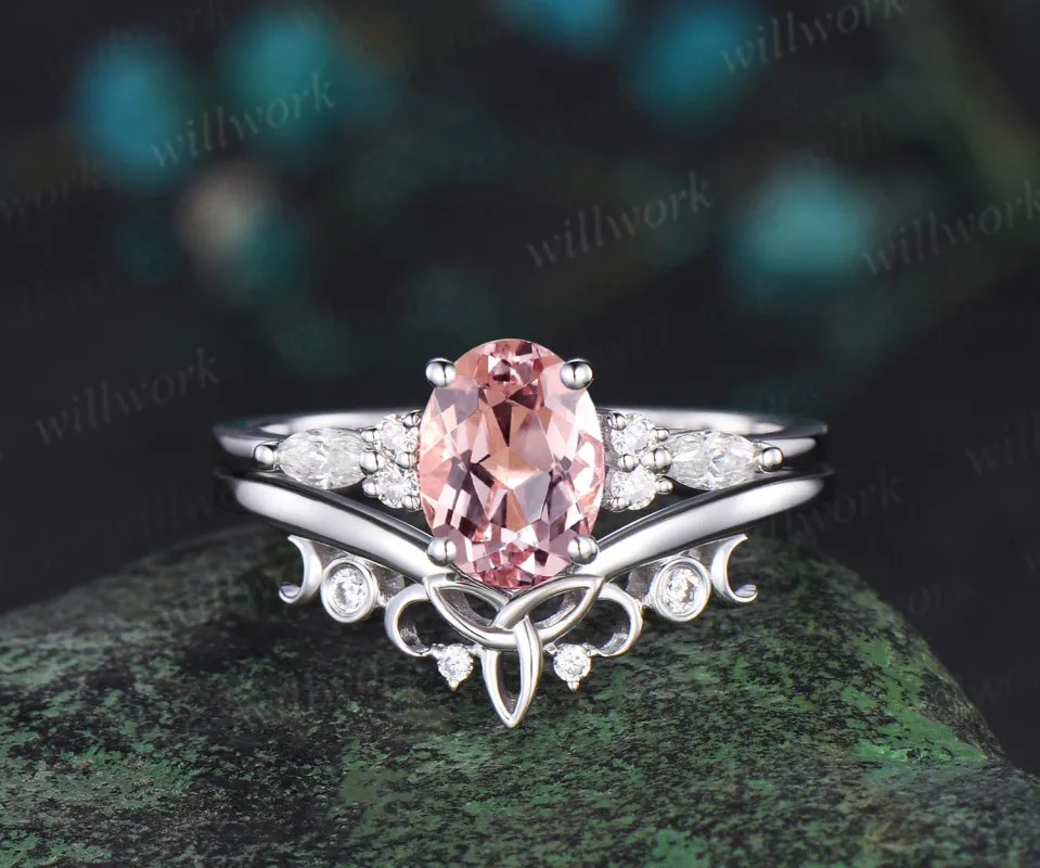 Oval cut morganite engagement ring solid 14k white gold moon Celtic knot diamond wedding promise ring set women made by Willwork Jewelry