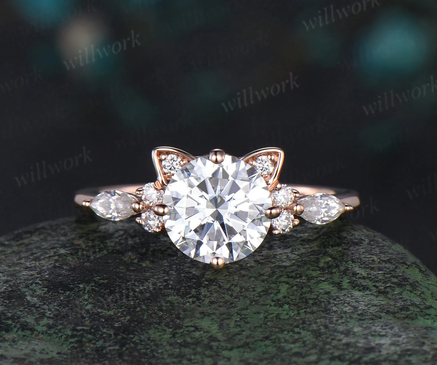Round cut moissanite ring rose gold vintage unique cat engagement ring stacking diamond wedding promise ring set women sold by Willwork Jewelry product image thumbnail 5
