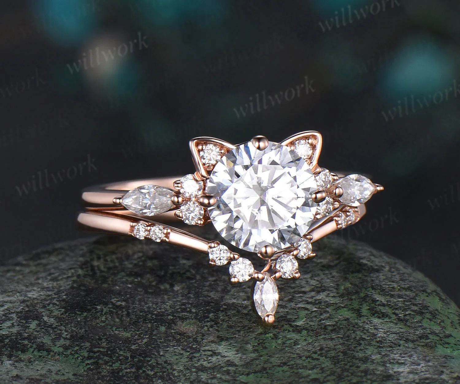 Round cut moissanite ring rose gold vintage unique cat engagement ring stacking diamond wedding promise ring set women sold by Willwork Jewelry product image thumbnail 2