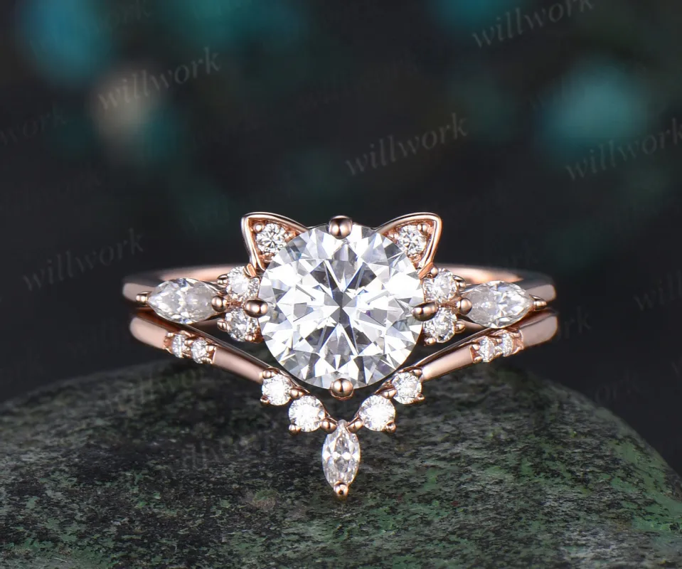 Round cut moissanite ring rose gold vintage unique cat engagement ring stacking diamond wedding promise ring set women sold by Willwork Jewelry