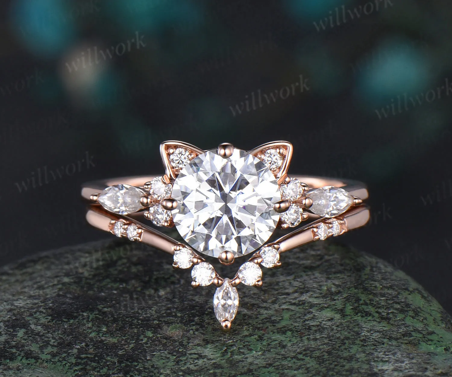 Round cut moissanite ring rose gold vintage unique cat engagement ring stacking diamond wedding promise ring set women sold by Willwork Jewelry
