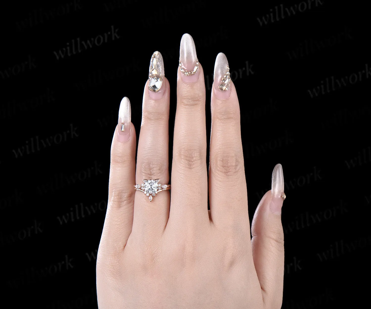 Round cut moissanite ring rose gold vintage unique cat engagement ring stacking diamond wedding promise ring set women sold by Willwork Jewelry product image thumbnail 3