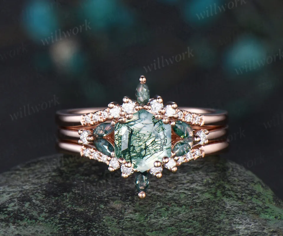 Hexagon cut moss agate ring rose gold cluster stacking moissanite ring set unique engagement ring women sold by Willwork Jewelry