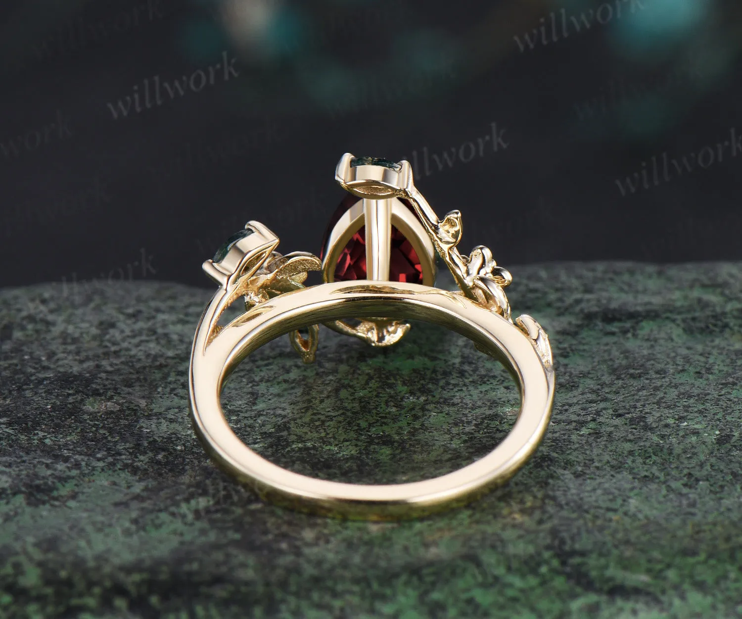 Vintage pear red garnet engagement ring solid 14k yellow gold leaf floral moss agate emerald anniversary ring women gift sold by Willwork Jewelry product image thumbnail 4
