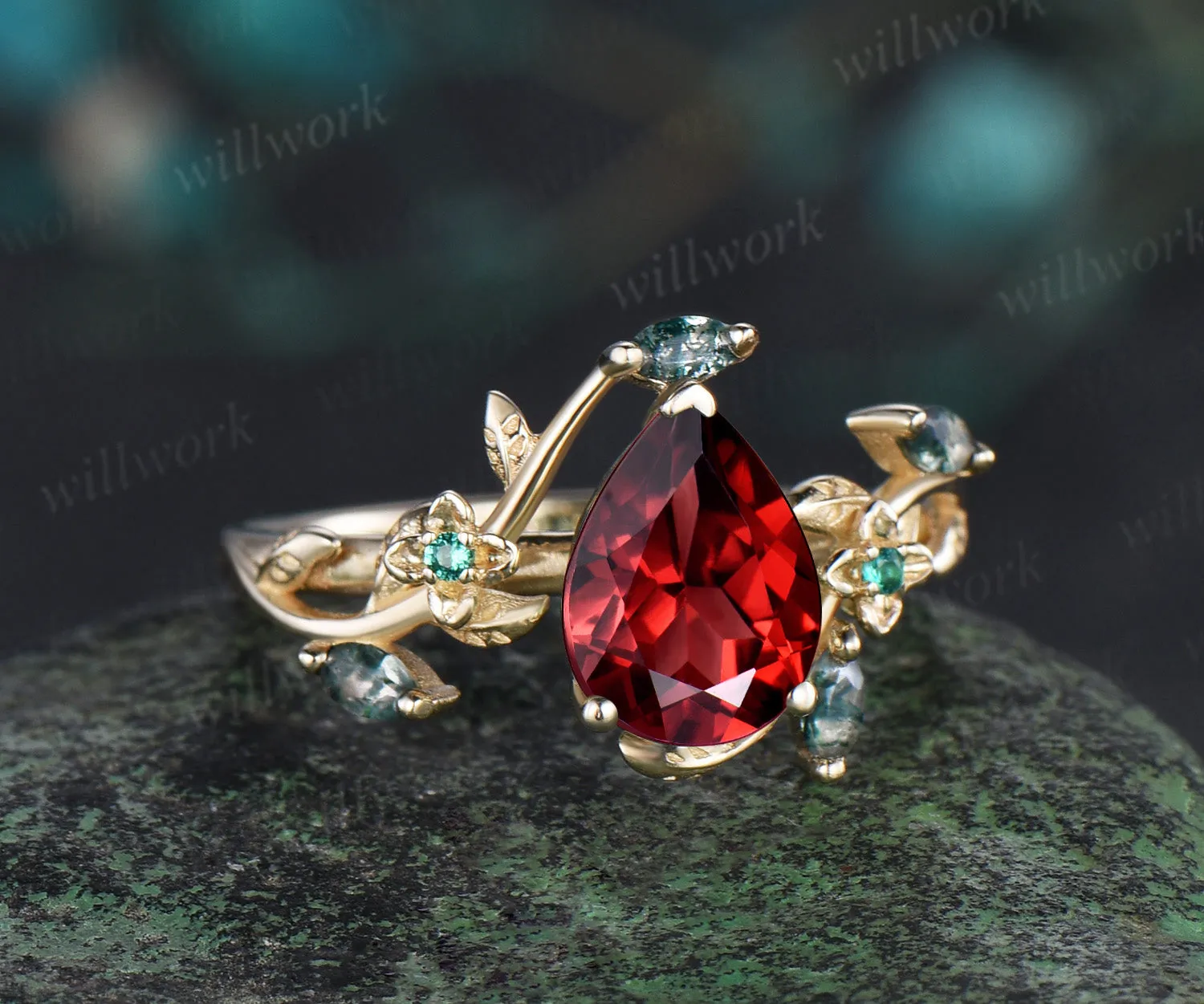 Vintage pear red garnet engagement ring solid 14k yellow gold leaf floral moss agate emerald anniversary ring women gift sold by Willwork Jewelry product image thumbnail 2