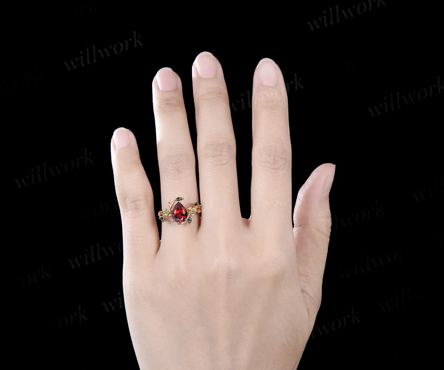 Vintage pear red garnet engagement ring solid 14k yellow gold leaf floral moss agate emerald anniversary ring women gift sold by Willwork Jewelry product image thumbnail 3