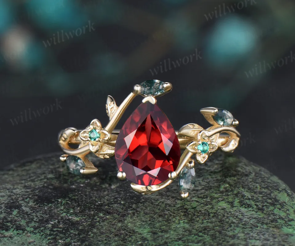 Vintage pear red garnet engagement ring solid 14k yellow gold leaf floral moss agate emerald anniversary ring women gift sold by Willwork Jewelry