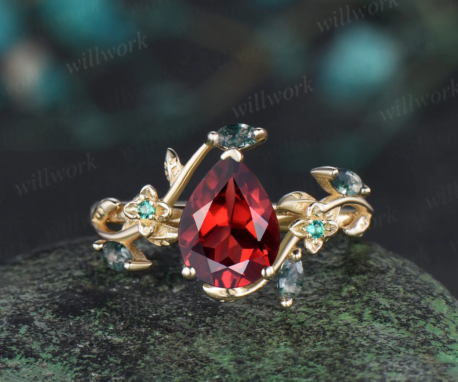 Vintage pear red garnet engagement ring solid 14k yellow gold leaf floral moss agate emerald anniversary ring women gift sold by Willwork Jewelry