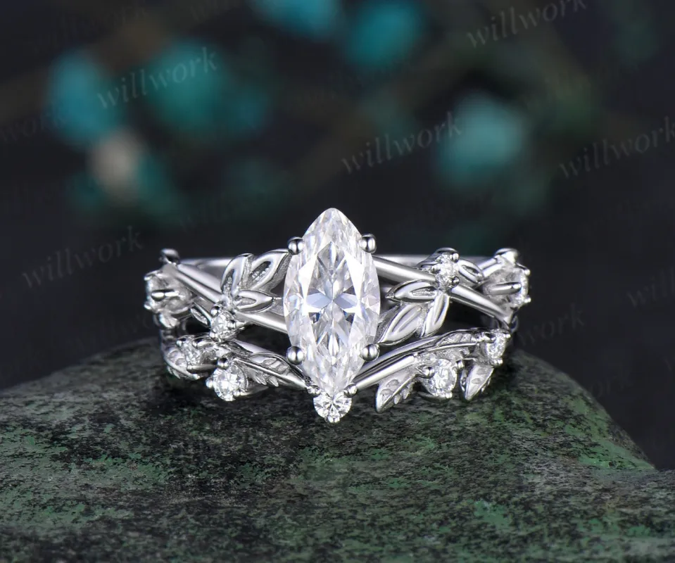1ct marquise cut moissanite engagement ring set solid 14k white gold twig leaf stacking diamond wedding ring set women jewelry sold by Willwork Jewelry