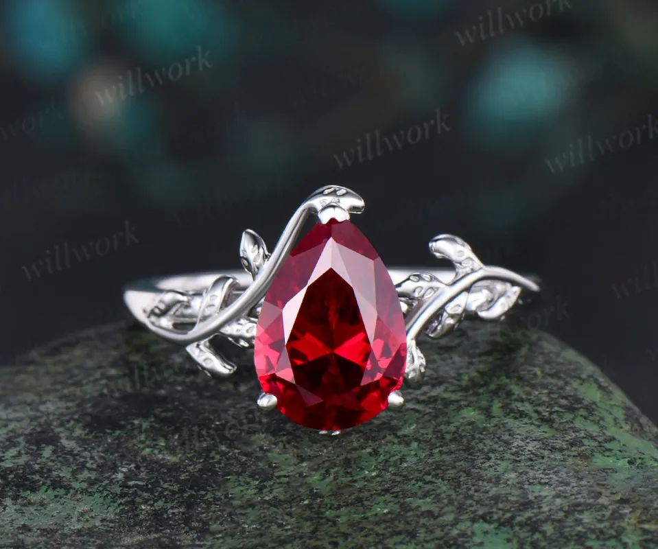 Pear shaped red ruby engagement ring 14k white gold branches leaf Leaves twig nature inspired ring twisted promise wedding ring women sold by Willwork Jewelry