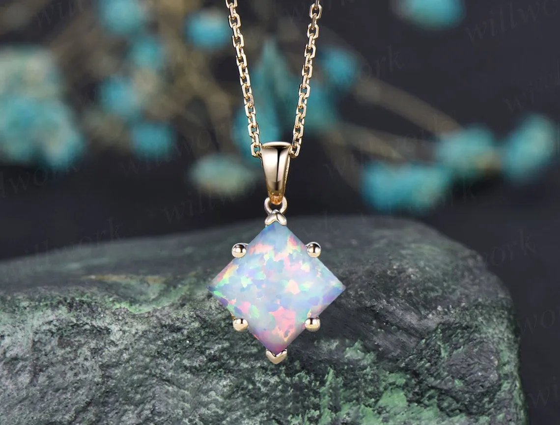 Square white opal necklace rose gold vintage unique Personalized Solitaire pendant women her gemstone anniversary bridal gift mother sold by Willwork Jewelry product image thumbnail 4