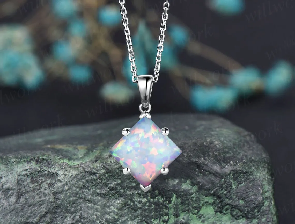 Square white opal necklace rose gold vintage unique Personalized Solitaire pendant women her gemstone anniversary bridal gift mother sold by Willwork Jewelry product image thumbnail 3