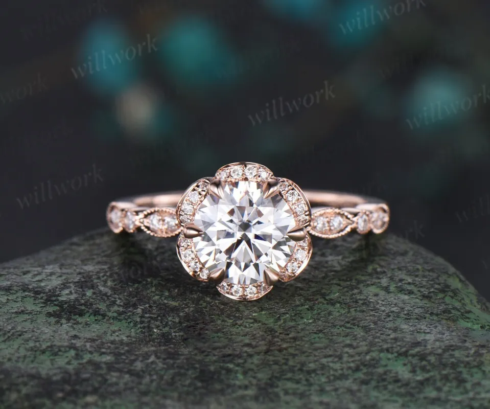 Vintage round cut moissanite engagement ring 6 prong rose gold double halo diamond wedding promise ring women jewelry sold by Willwork Jewelry