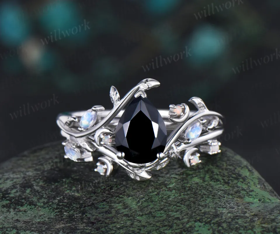 Vintage pear shaped black onyx engagement ring white gold nature inspired leaf moon moonstone opal wedding bridal ring set women made by Willwork Jewelry