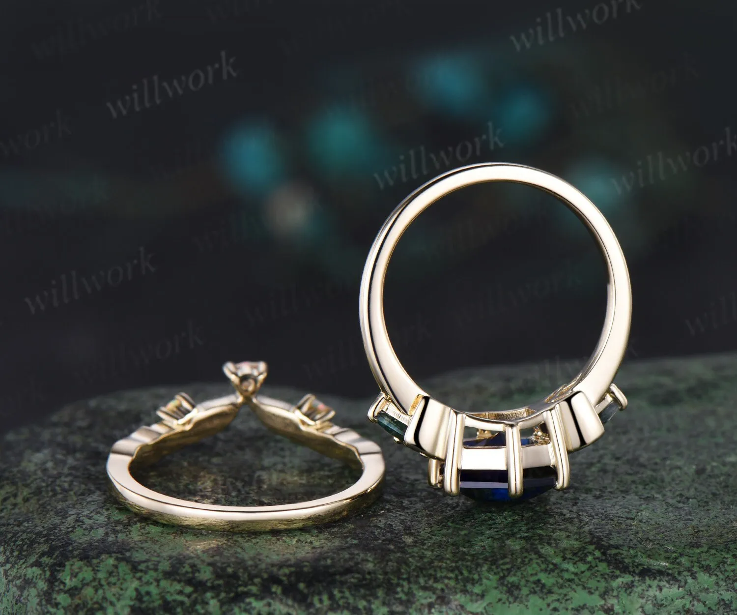 Hexagon cut sapphire ring vintage three stone moon moss agate leaf opal ring women 6 prong unique engagement ring blue gemstone ring sold by Willwork Jewelry product image thumbnail 5