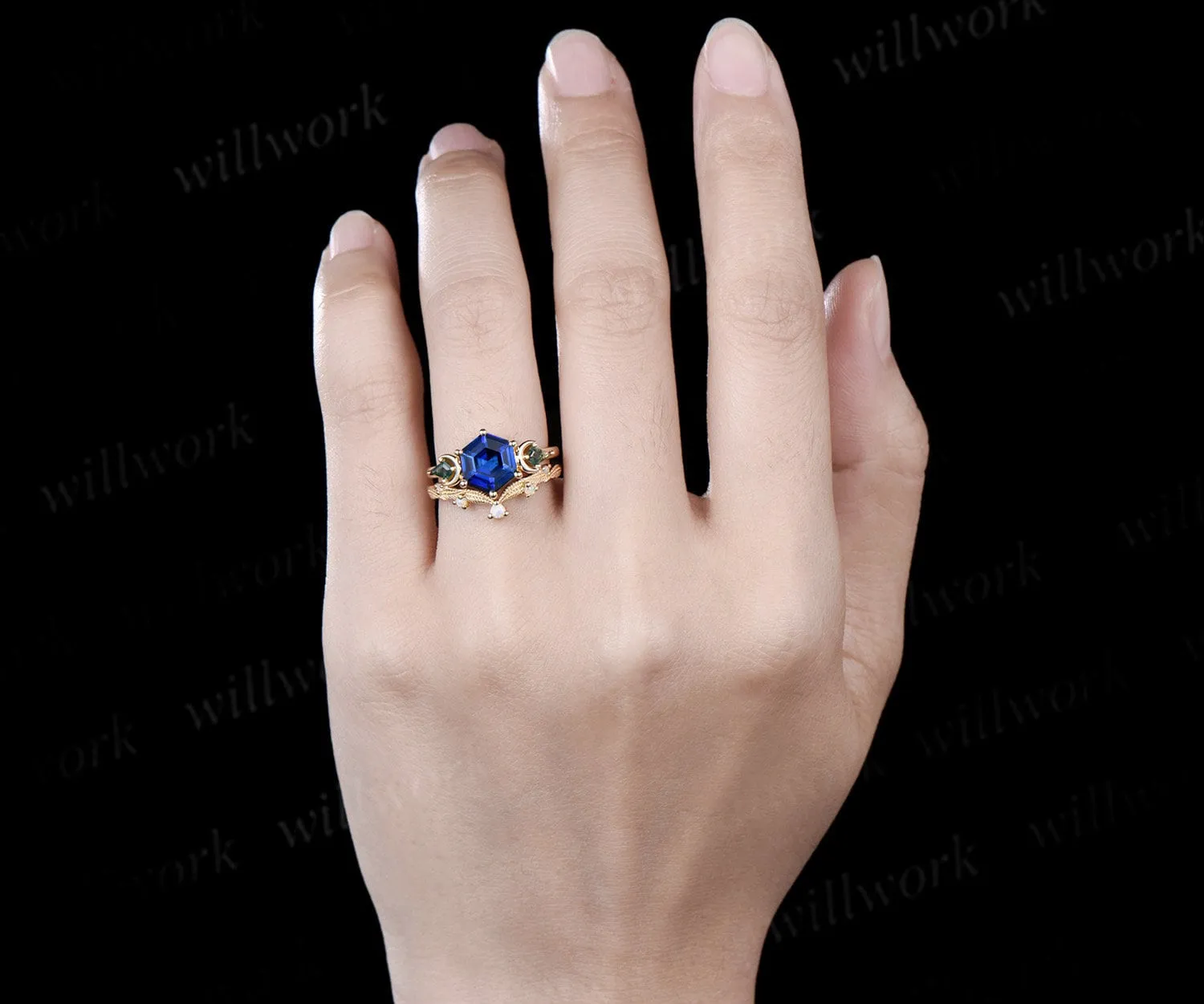 Hexagon cut sapphire ring vintage three stone moon moss agate leaf opal ring women 6 prong unique engagement ring blue gemstone ring sold by Willwork Jewelry product image thumbnail 3